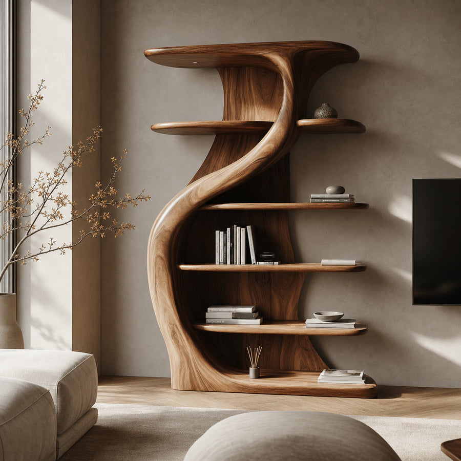 Rustic Handcrafted S Shape Wooden Cabinet Solid Wood Living Room Interior Feature Decor