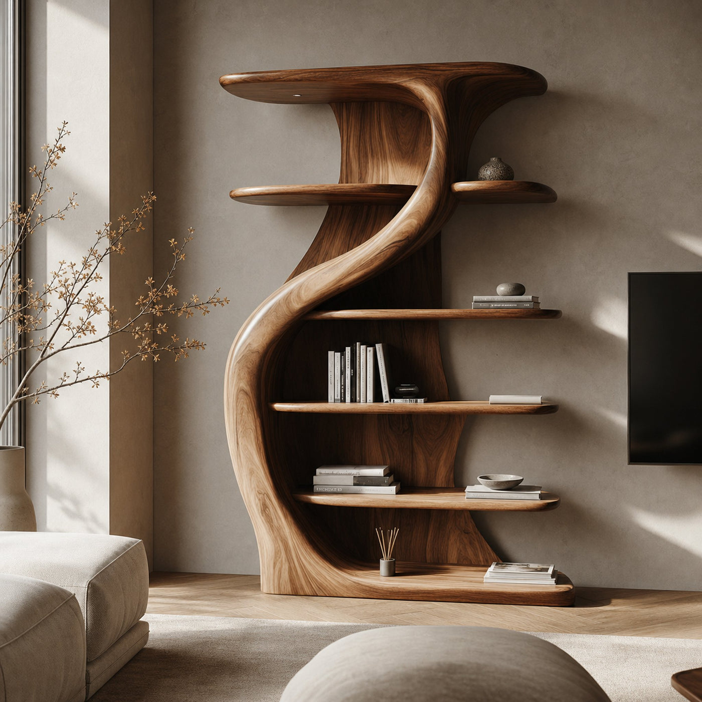 Rustic Handcrafted S Shape Wooden Cabinet Solid Wood Living Room Interior Feature Decor