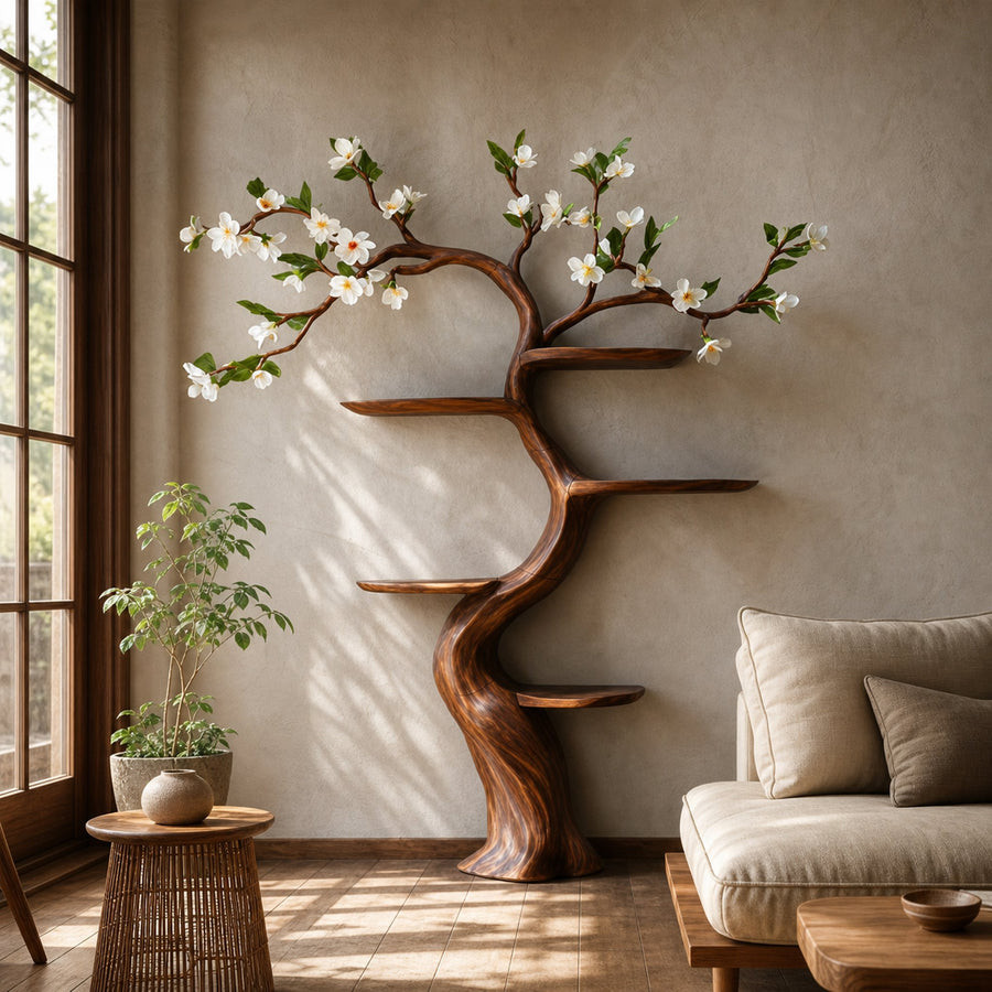 Rustic Handcrafted Tree Bookshelf Living Room Interior Nature-Inspired Decor
