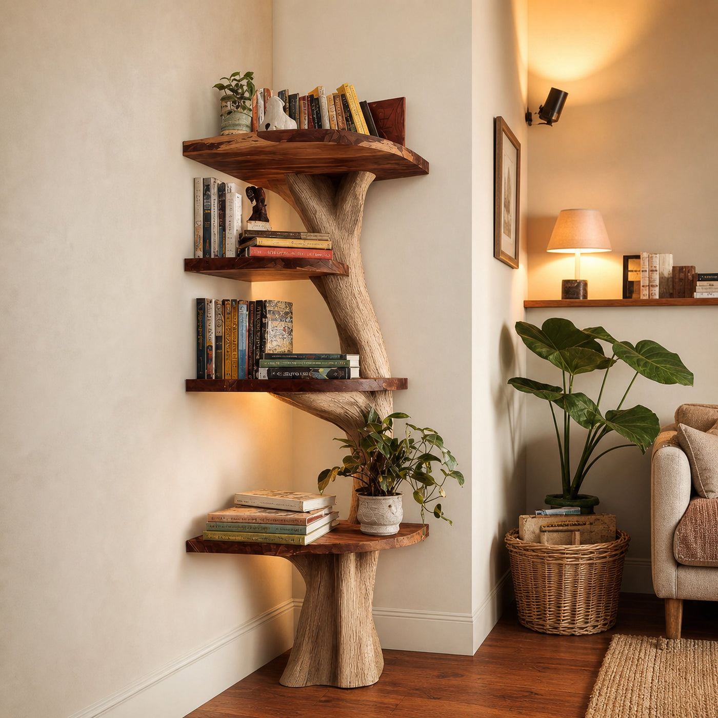 Rustic Handcrafted Tree Shelf Unit Living Room Interior Artistic Accent