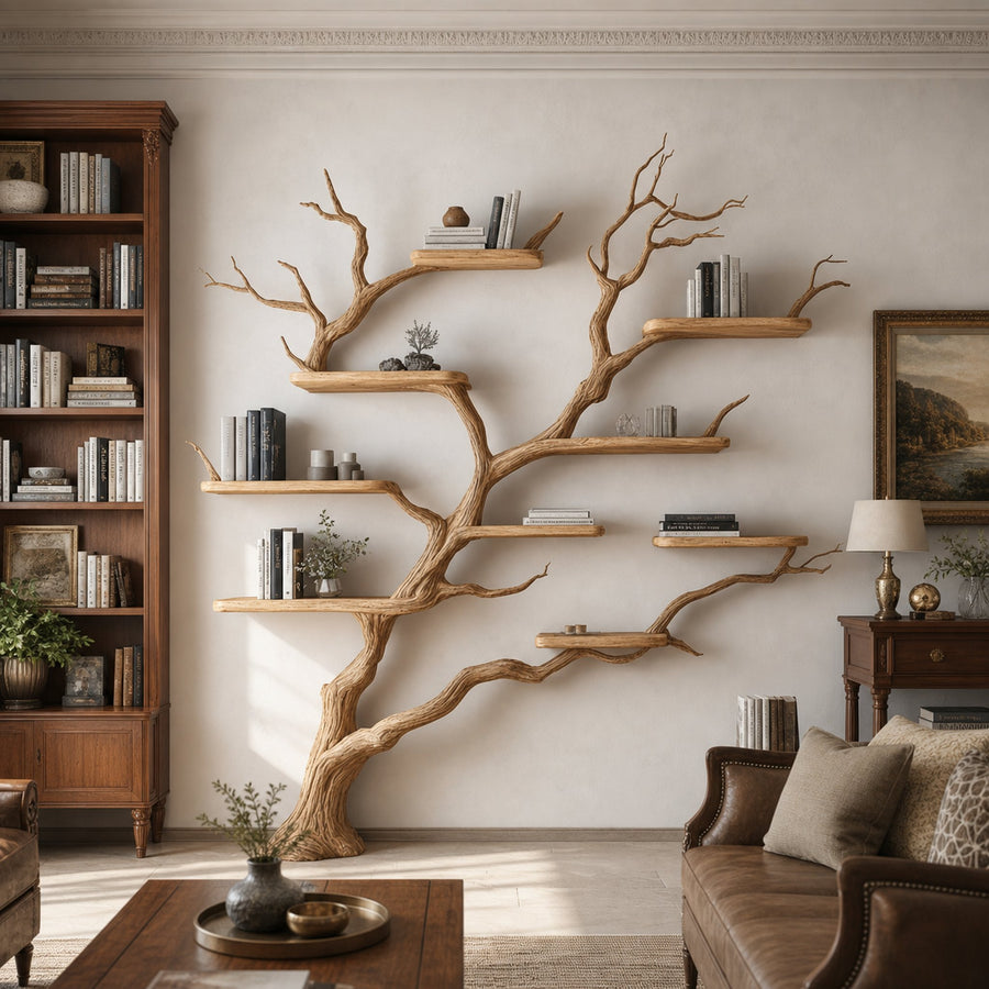 Rustic Handcrafted Tree Wall Bookshelf Living Room Interior Feature Furniture