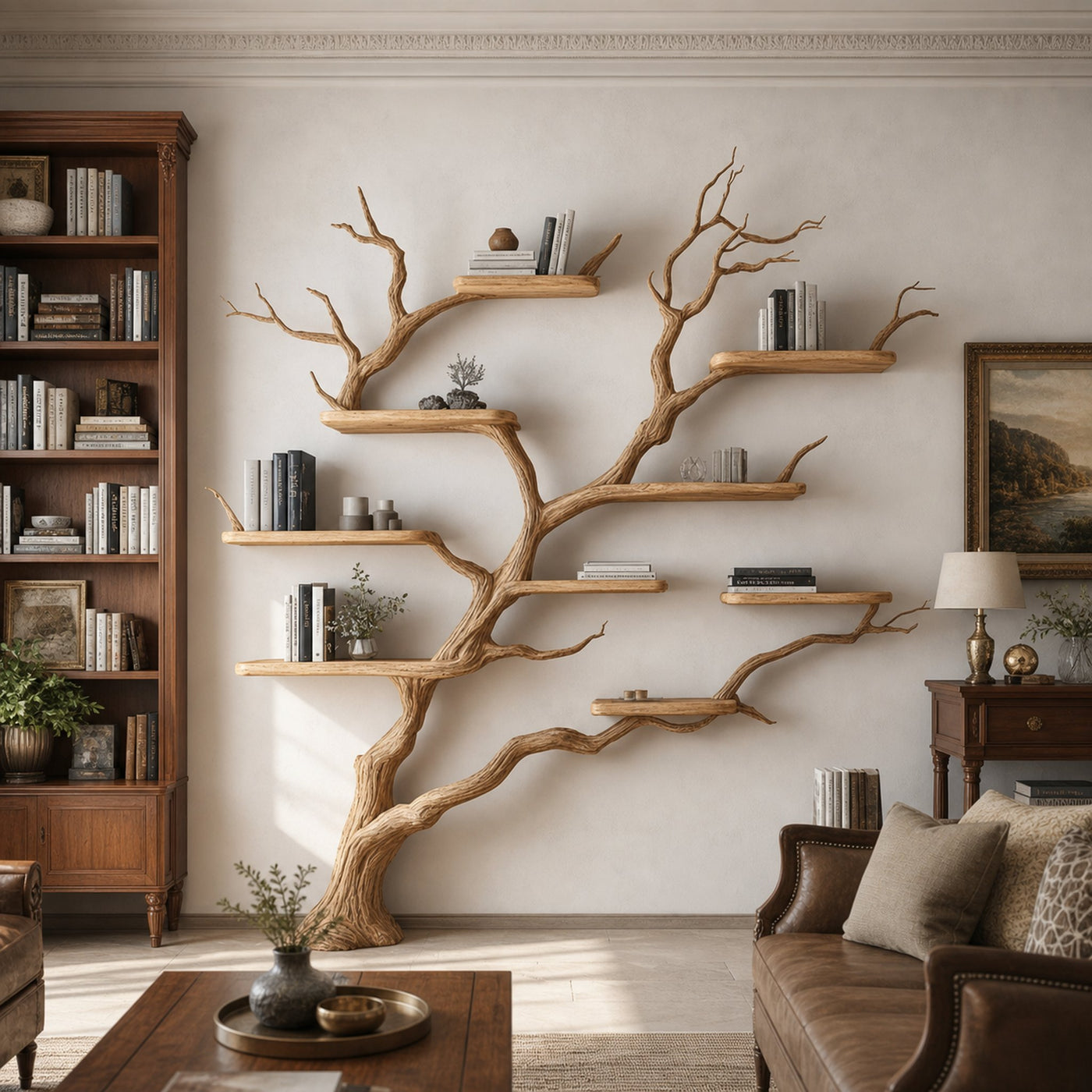 Rustic Handcrafted Tree Wall Bookshelf Living Room Interior Feature Furniture