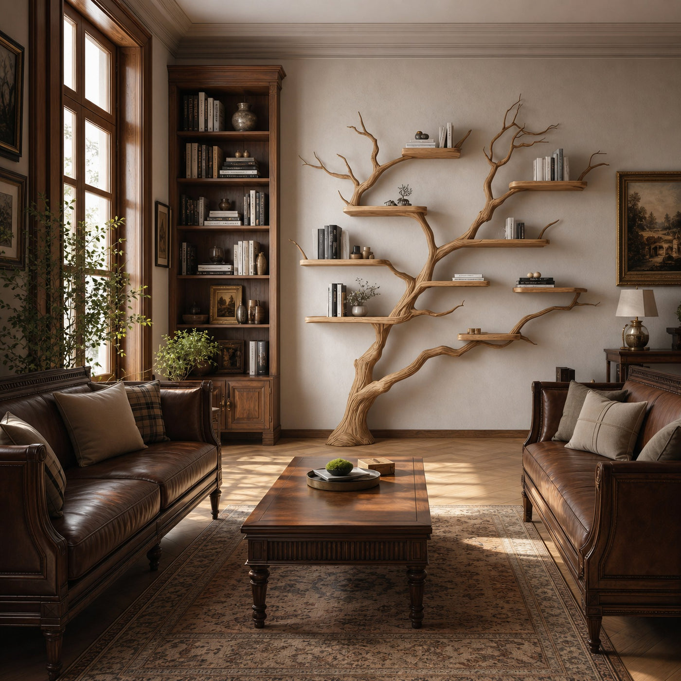 Rustic Handcrafted Tree Wall Bookshelf Living Room Interior Feature Furniture - product view 2