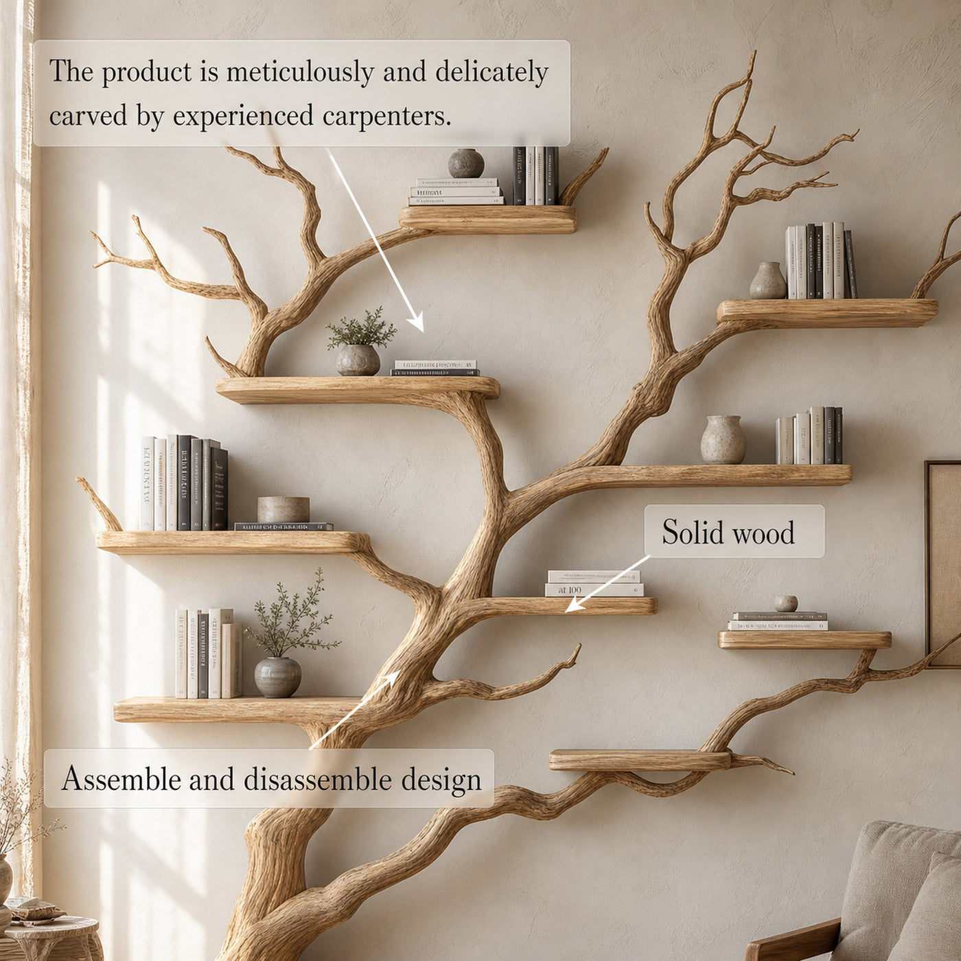 Rustic Handcrafted Tree Wall Bookshelf Living Room Interior Feature Furniture - product view 3