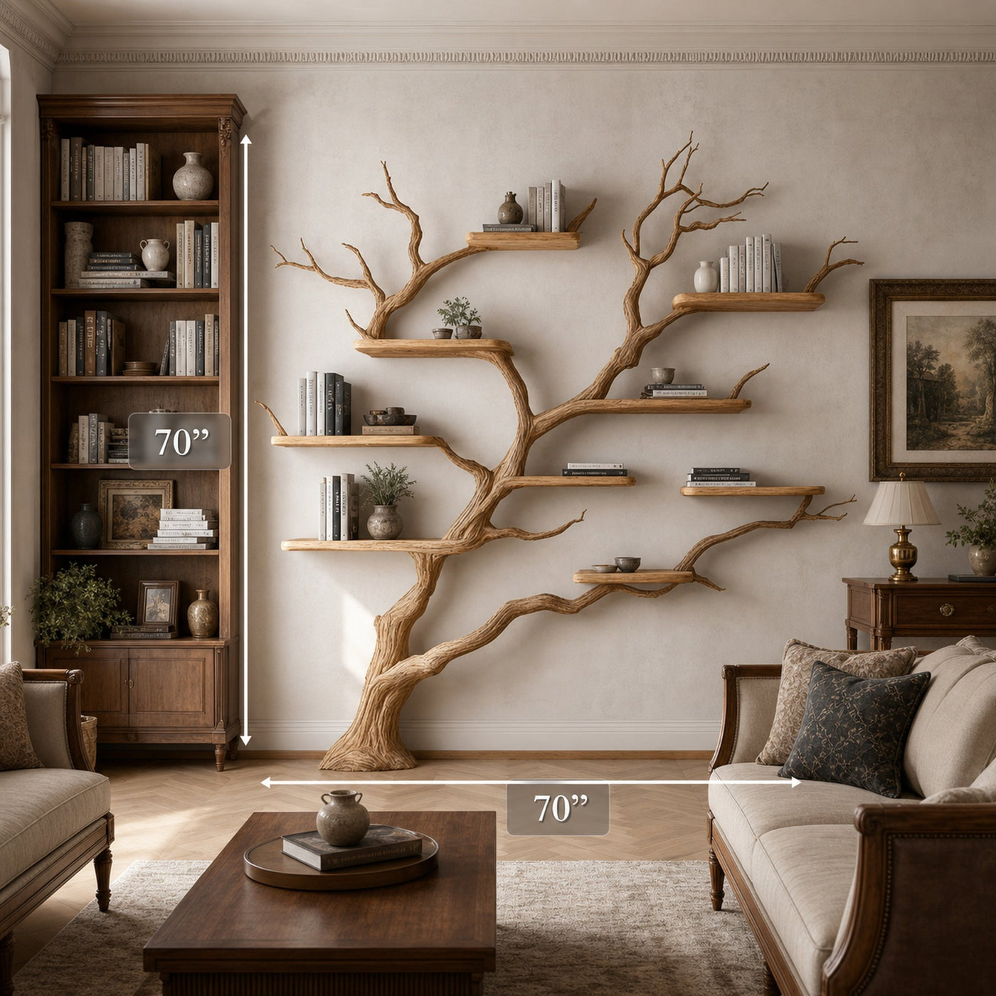 Rustic Handcrafted Tree Wall Bookshelf Living Room Interior Feature Furniture - product view 4
