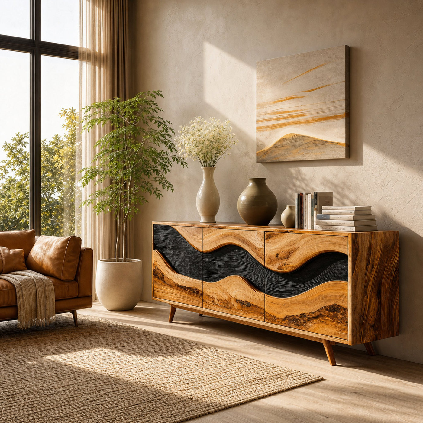 Rustic Handcrafted Wave Sideboard For Living Room