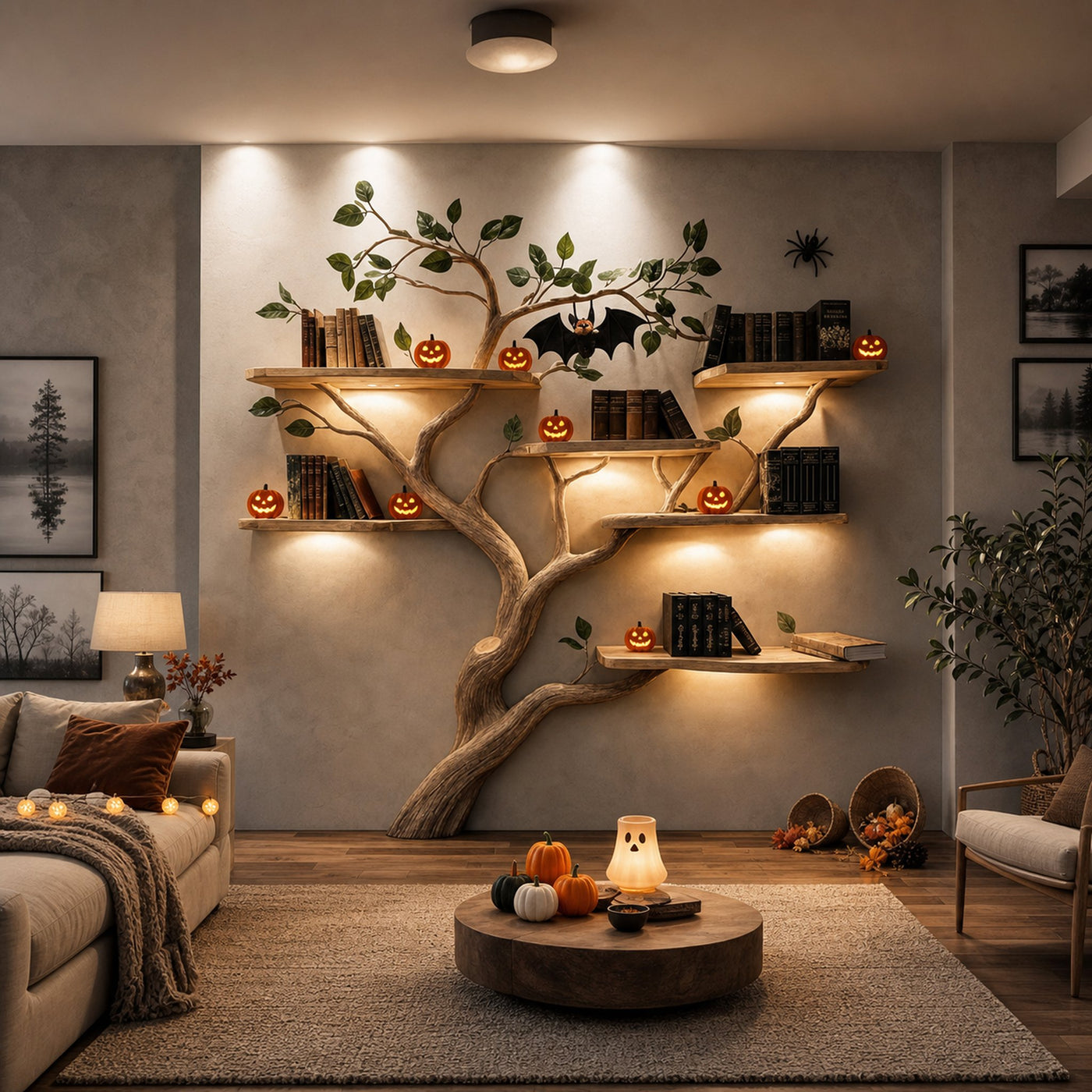Rustic Handmade Halloween Wooden Tree Shelf Living Room Decor