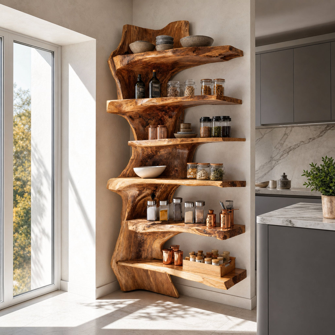 Rustic Live Edge Corner Shelf For Kitchen Or Pantry