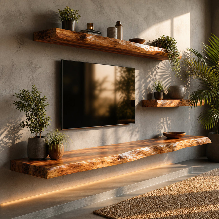 Rustic Live Edge Floating Media Shelf Solid Wood Living Room Interior Wall Mounted
