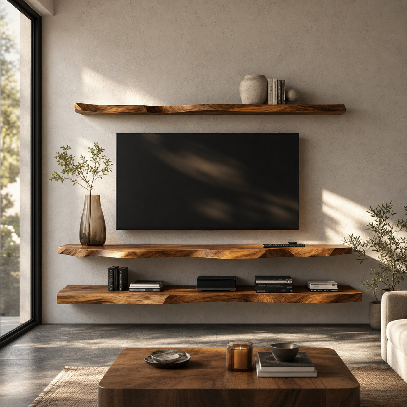 Rustic Live Edge Floating Media Shelf Solid Wood Living Room Interior Wall Mounted