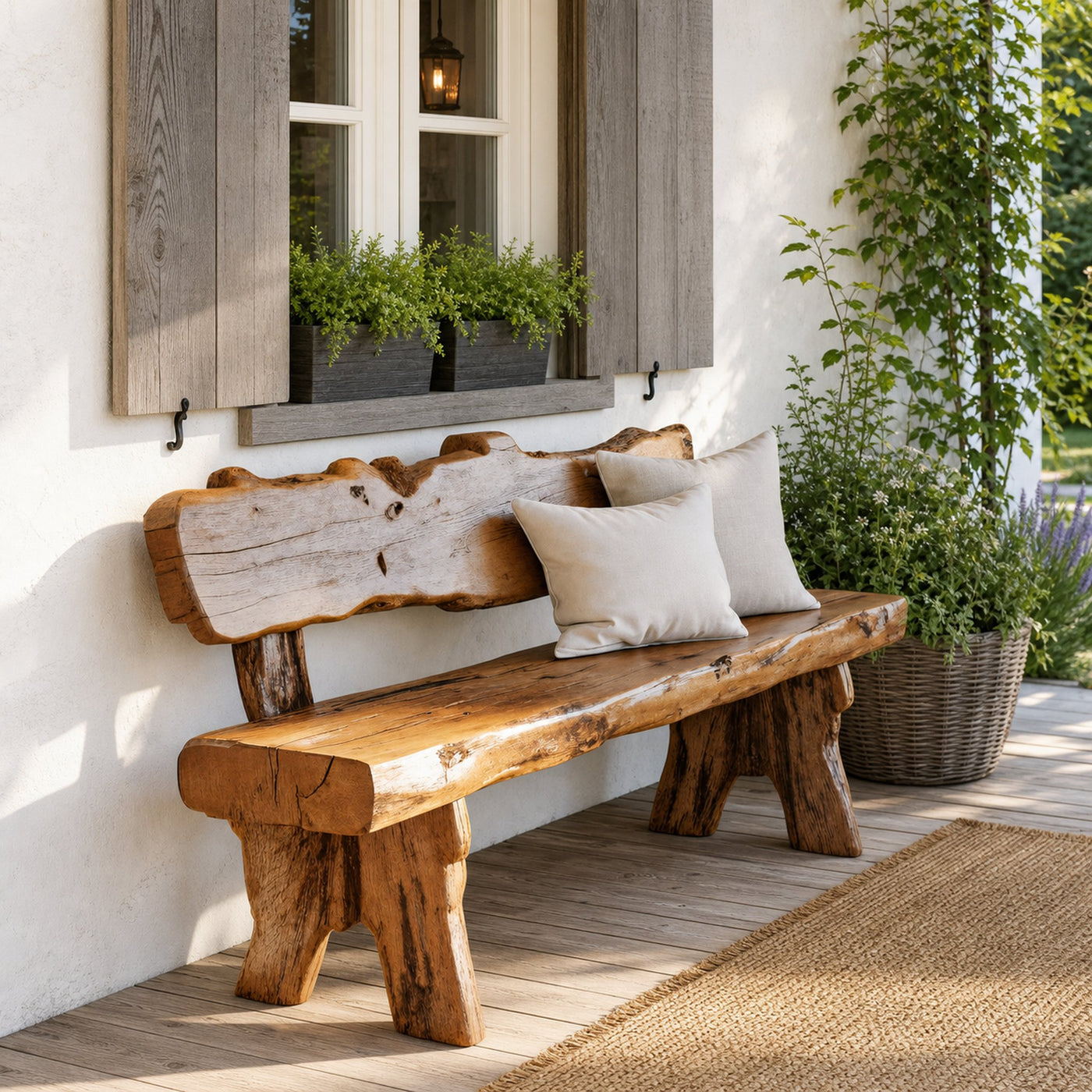 Rustic Live Edge Outdoor Wooden Bench With Backrest For Porch Or Garden
