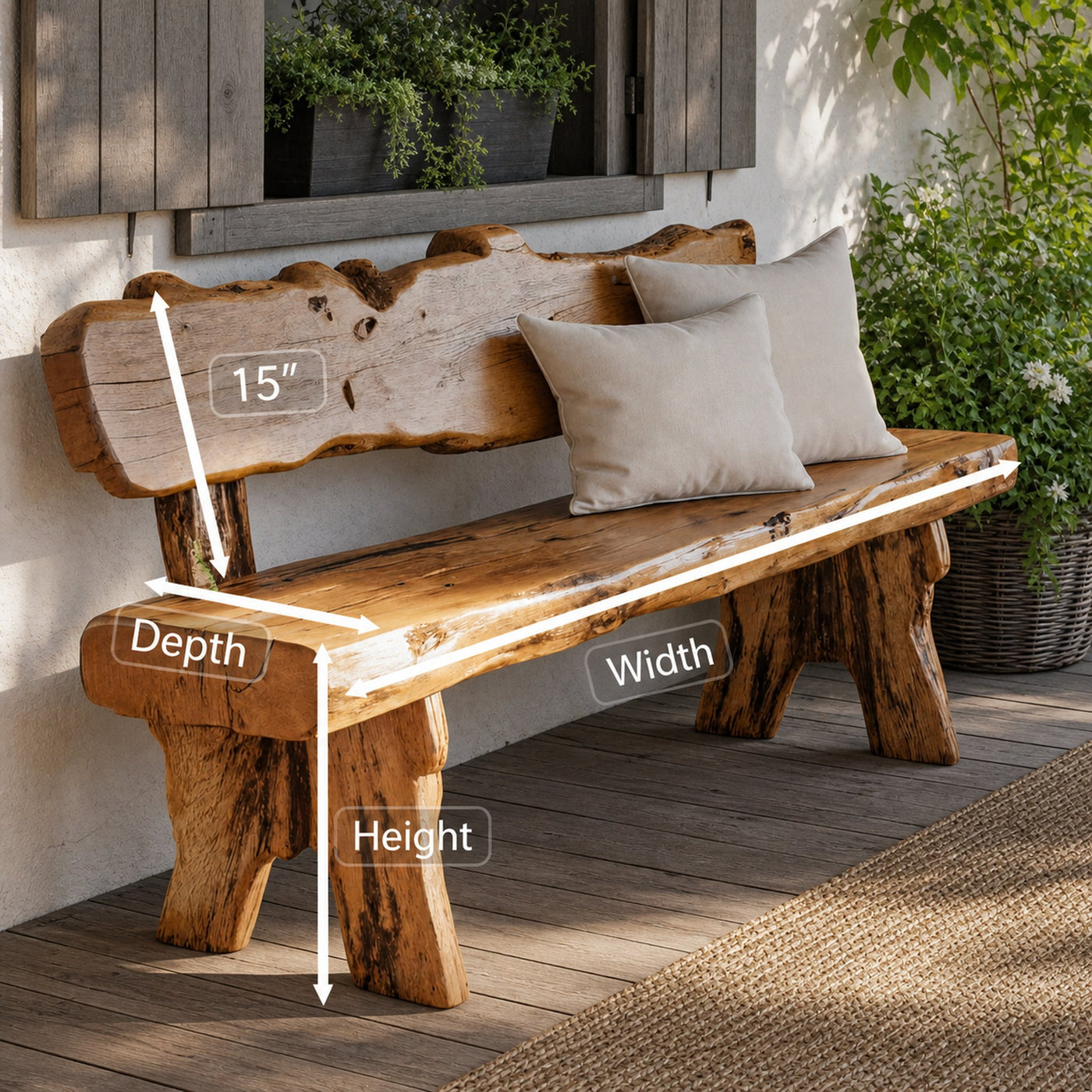 Rustic Live Edge Outdoor Wooden Bench With Backrest For Porch Or Garden - product view 6