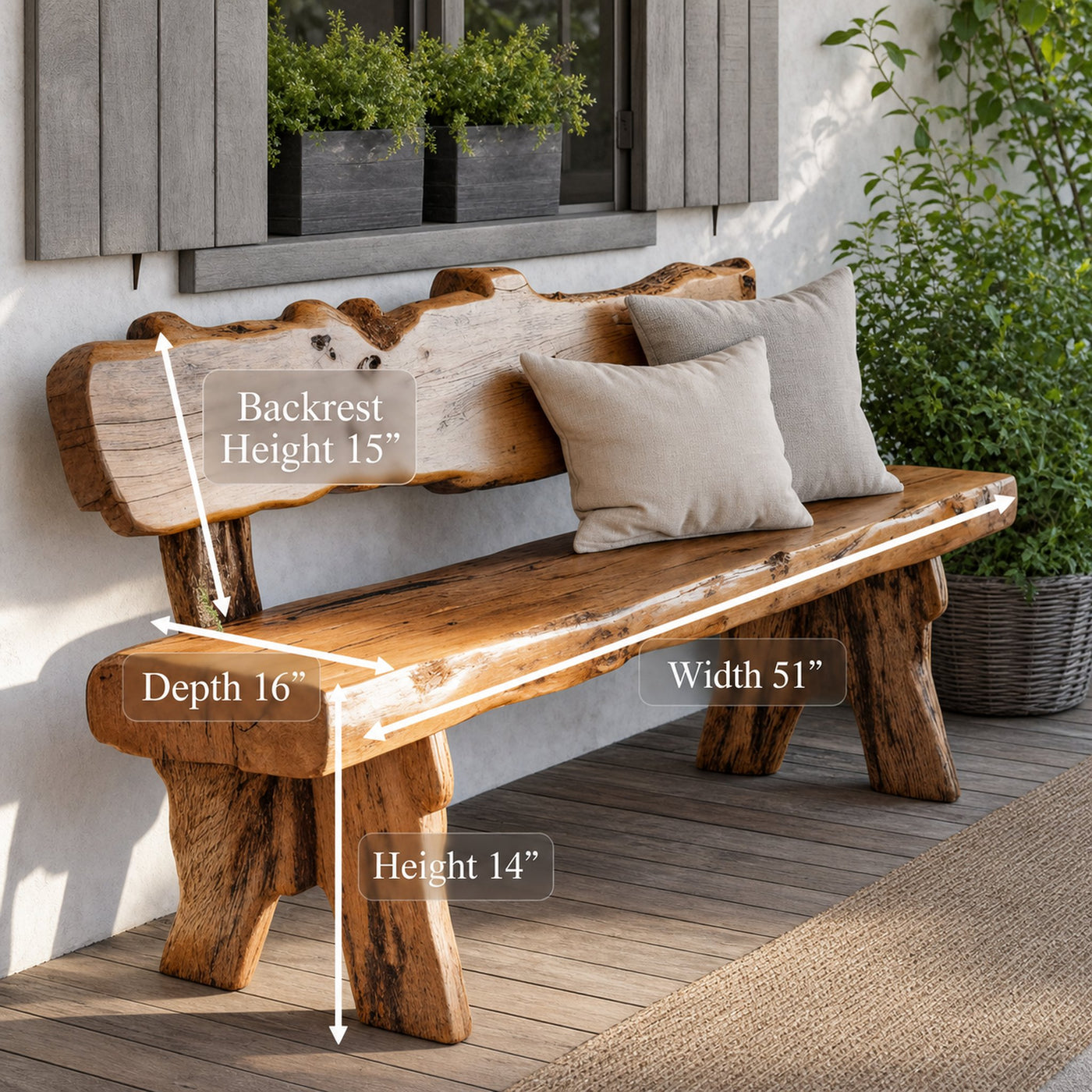 Rustic Live Edge Outdoor Wooden Bench With Backrest For Porch Or Garden - product view 7