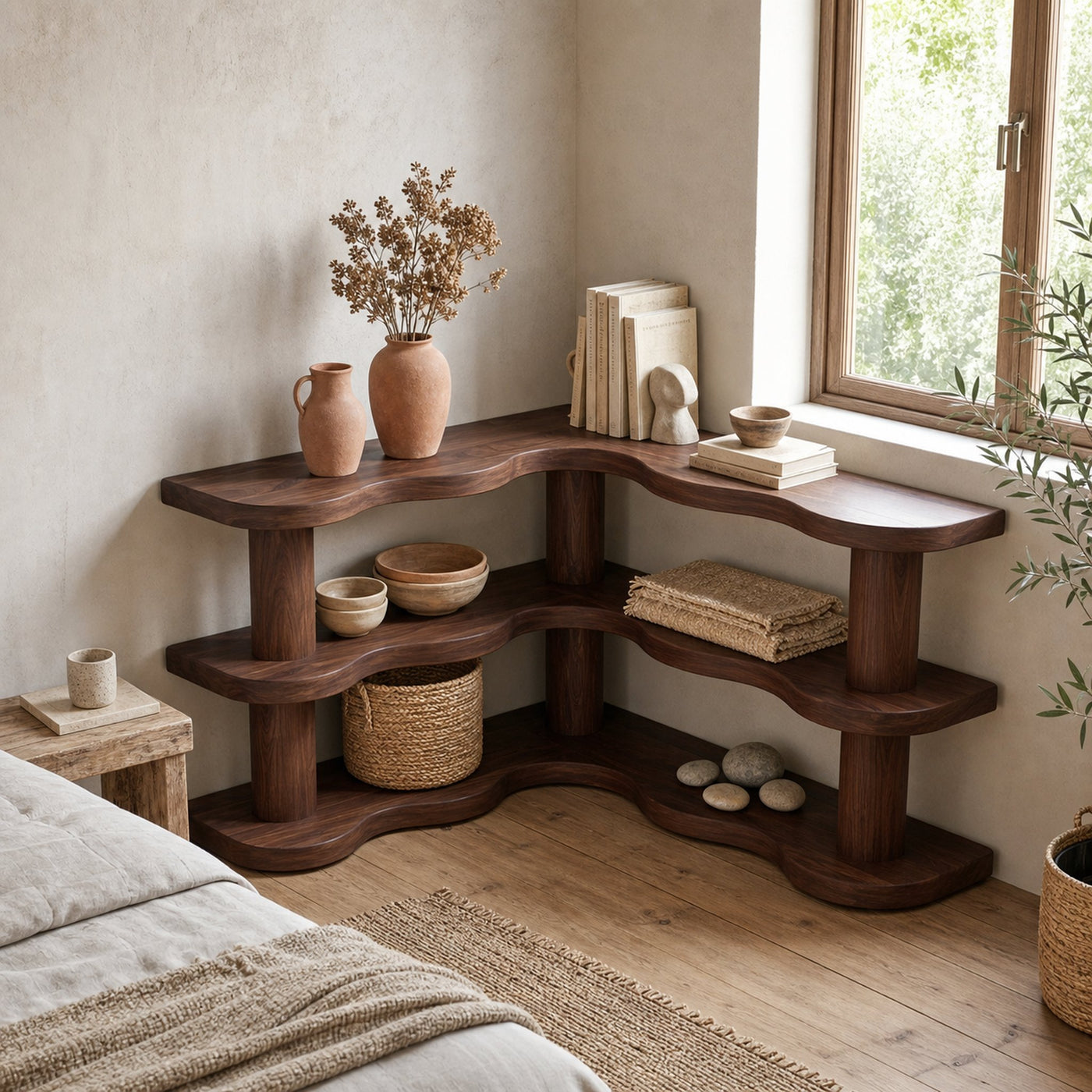 Rustic Modern Corner Bookshelf With Multi Tier Wooden Shelves For Living Room And Bedroom