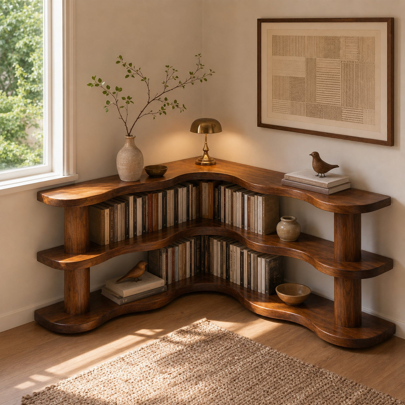 Rustic Modern Corner Bookshelf With Multi Tier Wooden Shelves For Living Room And Bedroom - product view 6