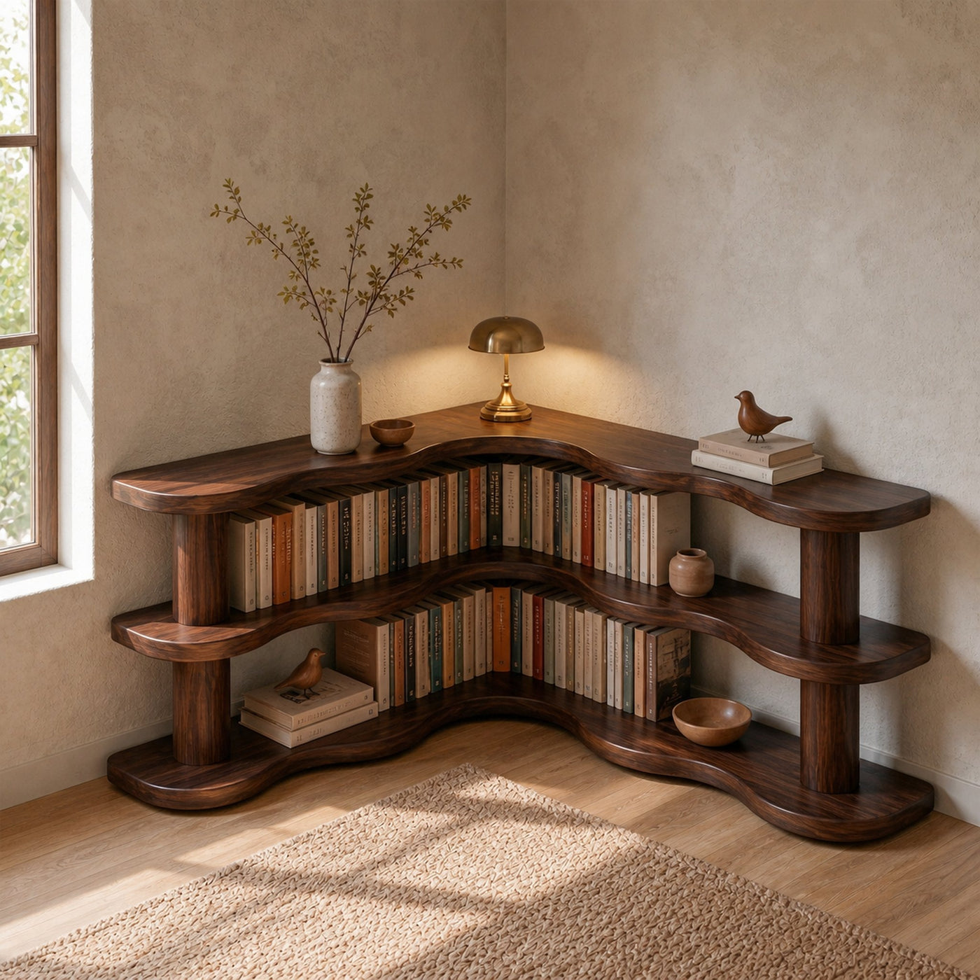Rustic Modern Corner Bookshelf With Multi Tier Wooden Shelves For Living Room And Bedroom - product view 7