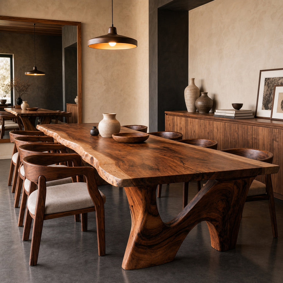 Rustic Modern Dining Table With Solid Wood Top And Sculptural Curved Base For Dining Room