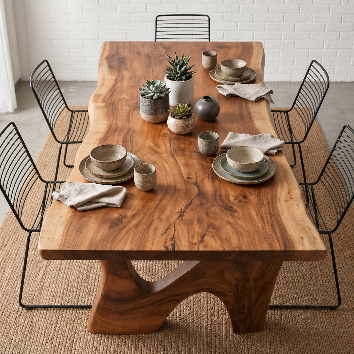 Rustic Modern Dining Table With Solid Wood Top And Sculptural Curved Base For Dining Room - product view 2
