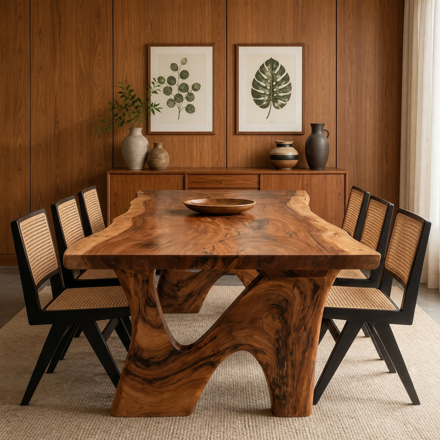 Rustic Modern Dining Table With Solid Wood Top And Sculptural Curved Base For Dining Room - product view 3