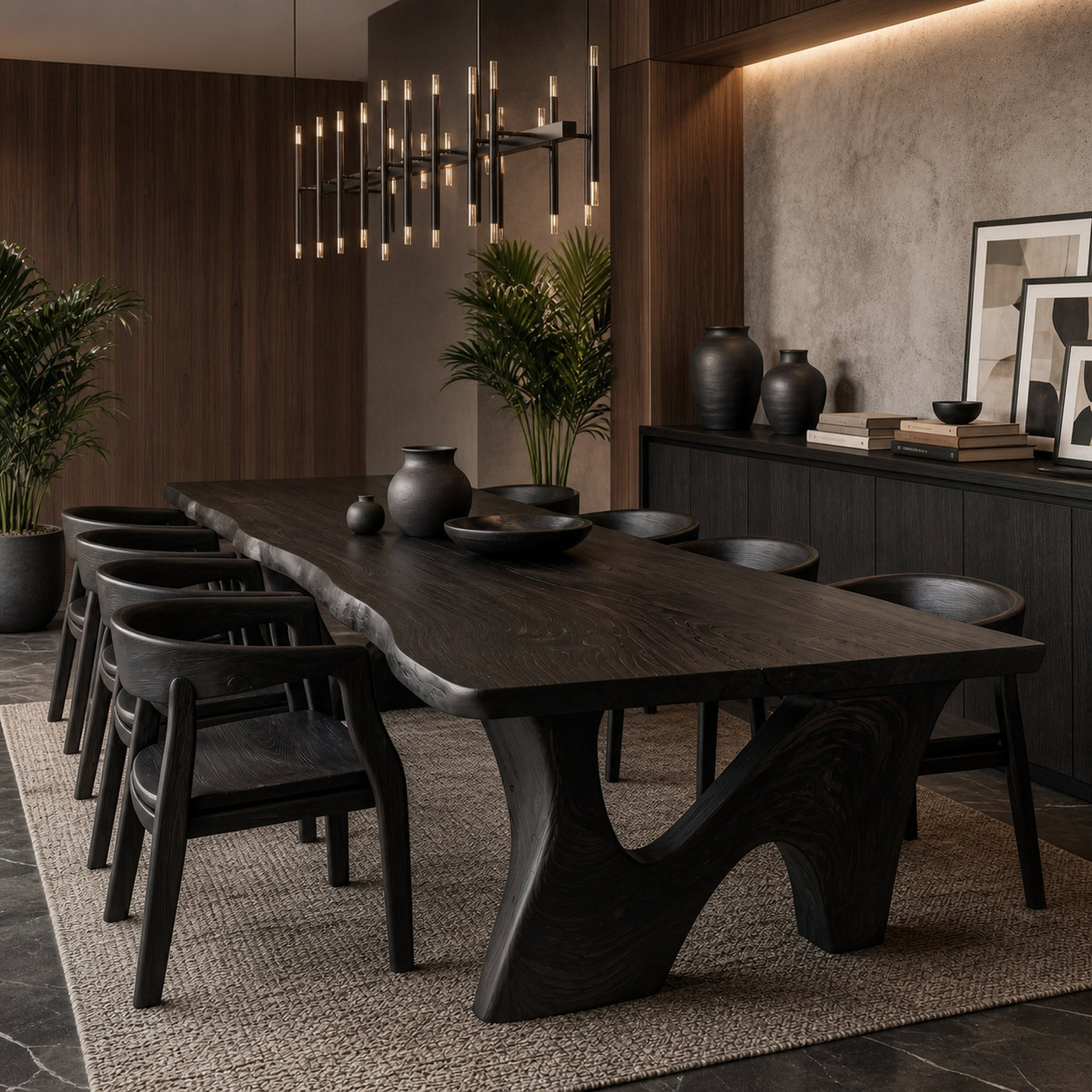 Rustic Modern Dining Table With Solid Wood Top And Sculptural Curved Base For Dining Room - product view 4