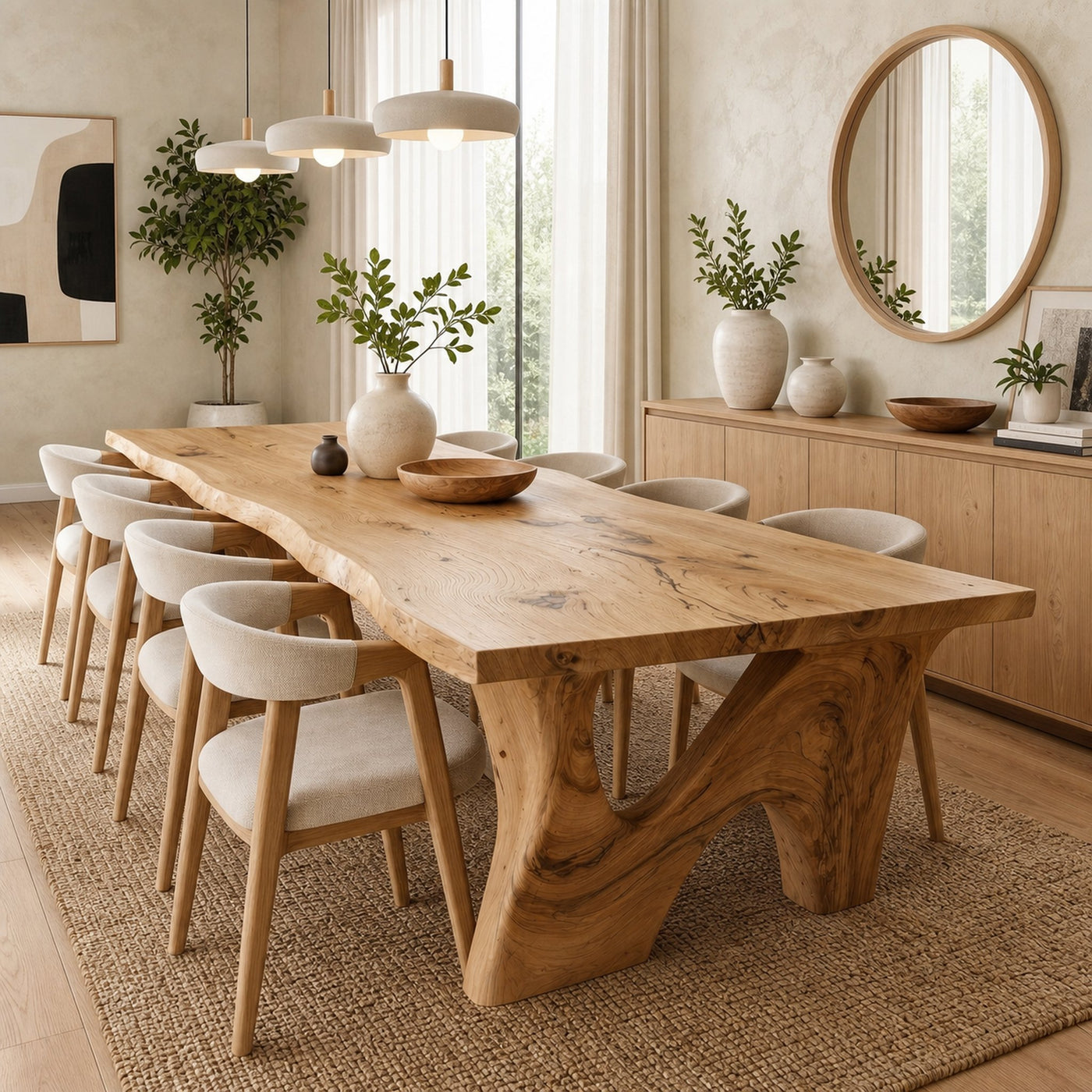 Rustic Modern Dining Table With Solid Wood Top And Sculptural Curved Base For Dining Room - product view 5