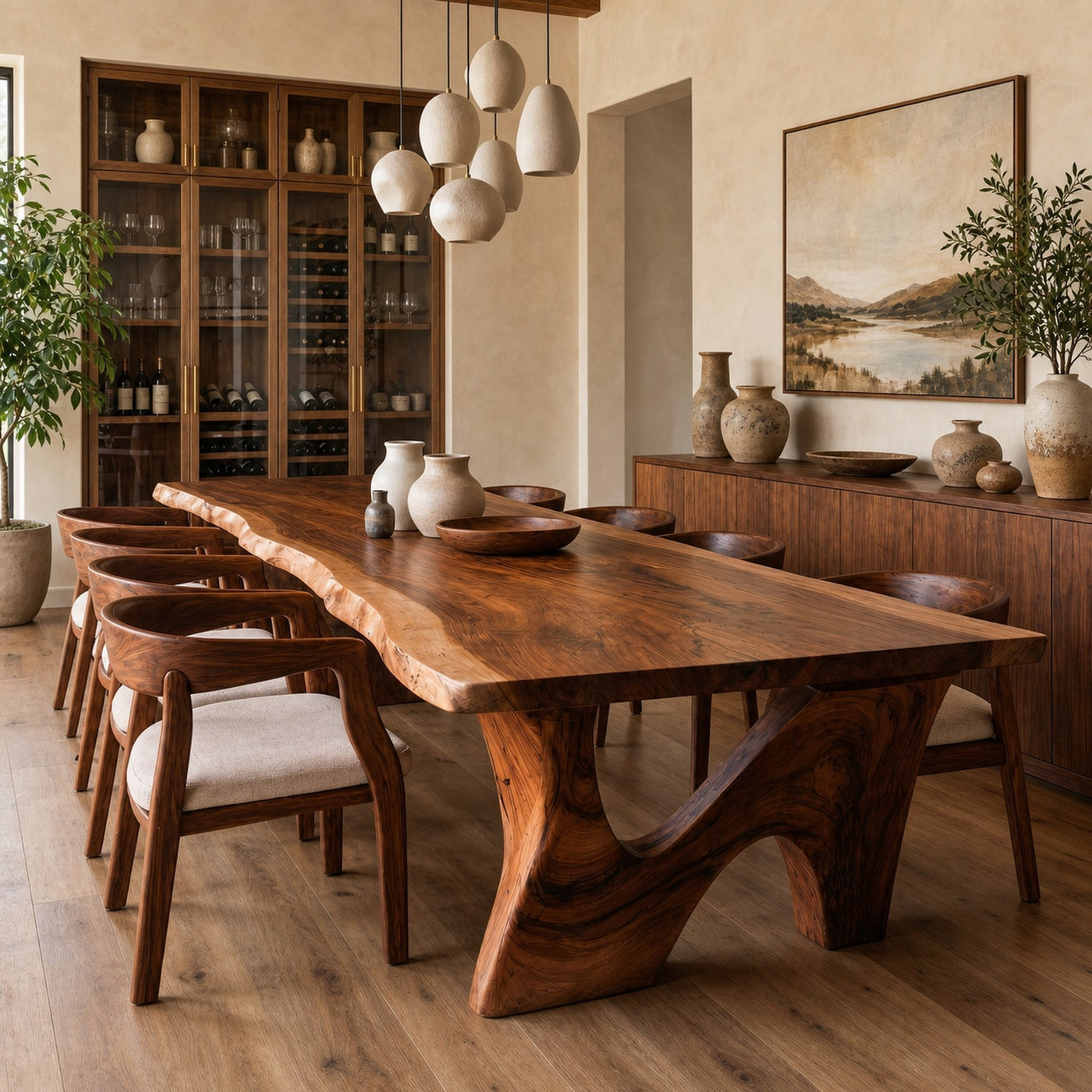Rustic Modern Dining Table With Solid Wood Top And Sculptural Curved Base For Dining Room - product view 6