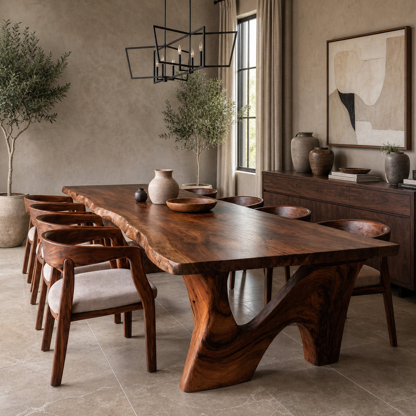Rustic Modern Dining Table With Solid Wood Top And Sculptural Curved Base For Dining Room - product view 7