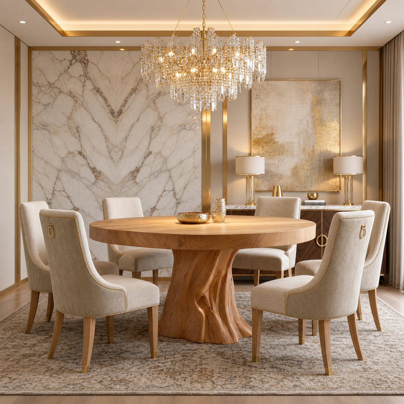 Rustic Modern Round Dining Table With Sculptural Wood Base For Dining Room