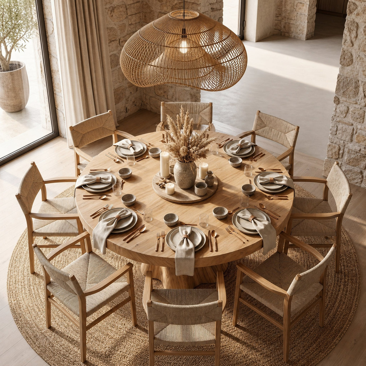 Rustic Modern Round Dining Table With Sculptural Wood Base For Dining Room - product view 2