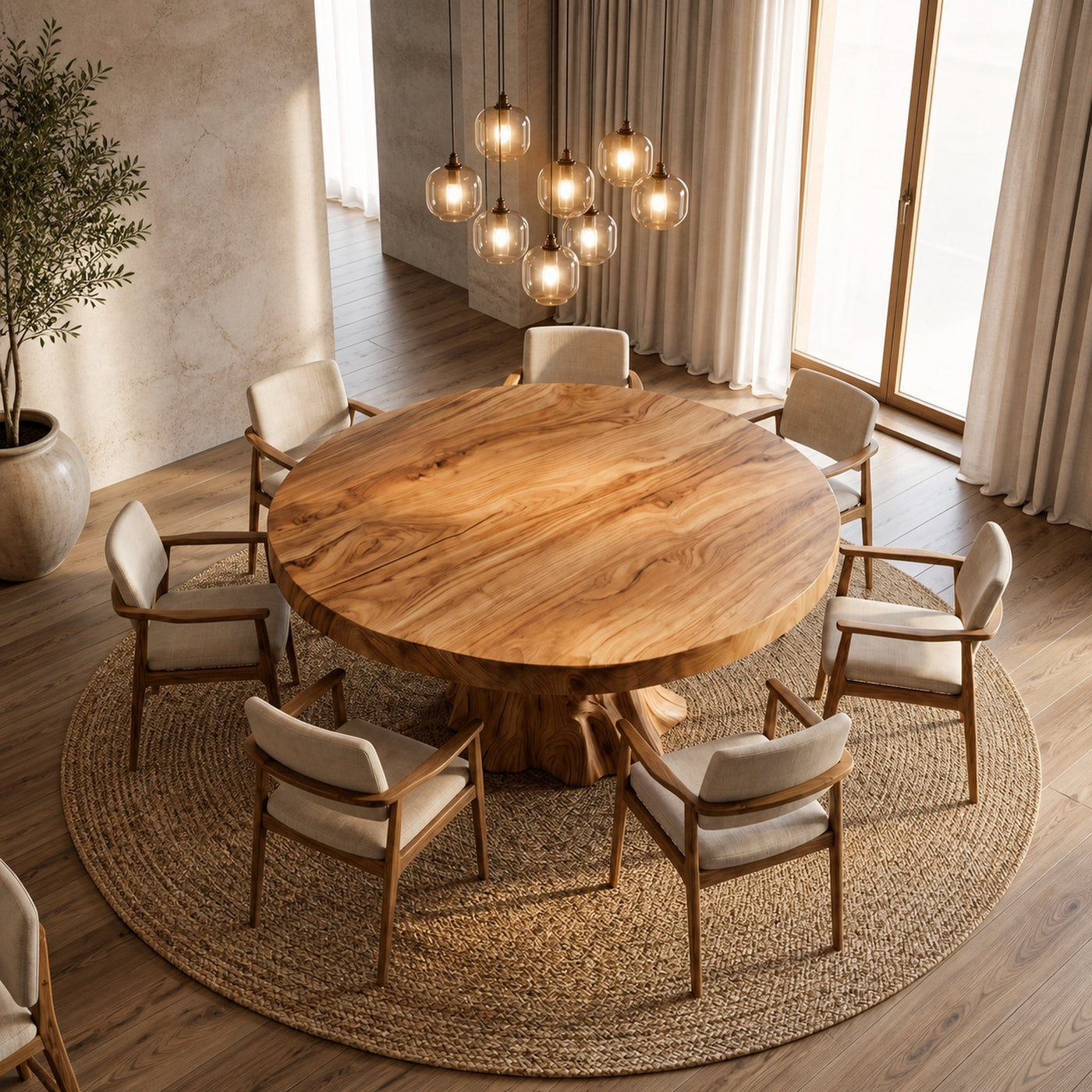 Rustic Modern Round Dining Table With Sculptural Wood Base For Dining Room - product view 3