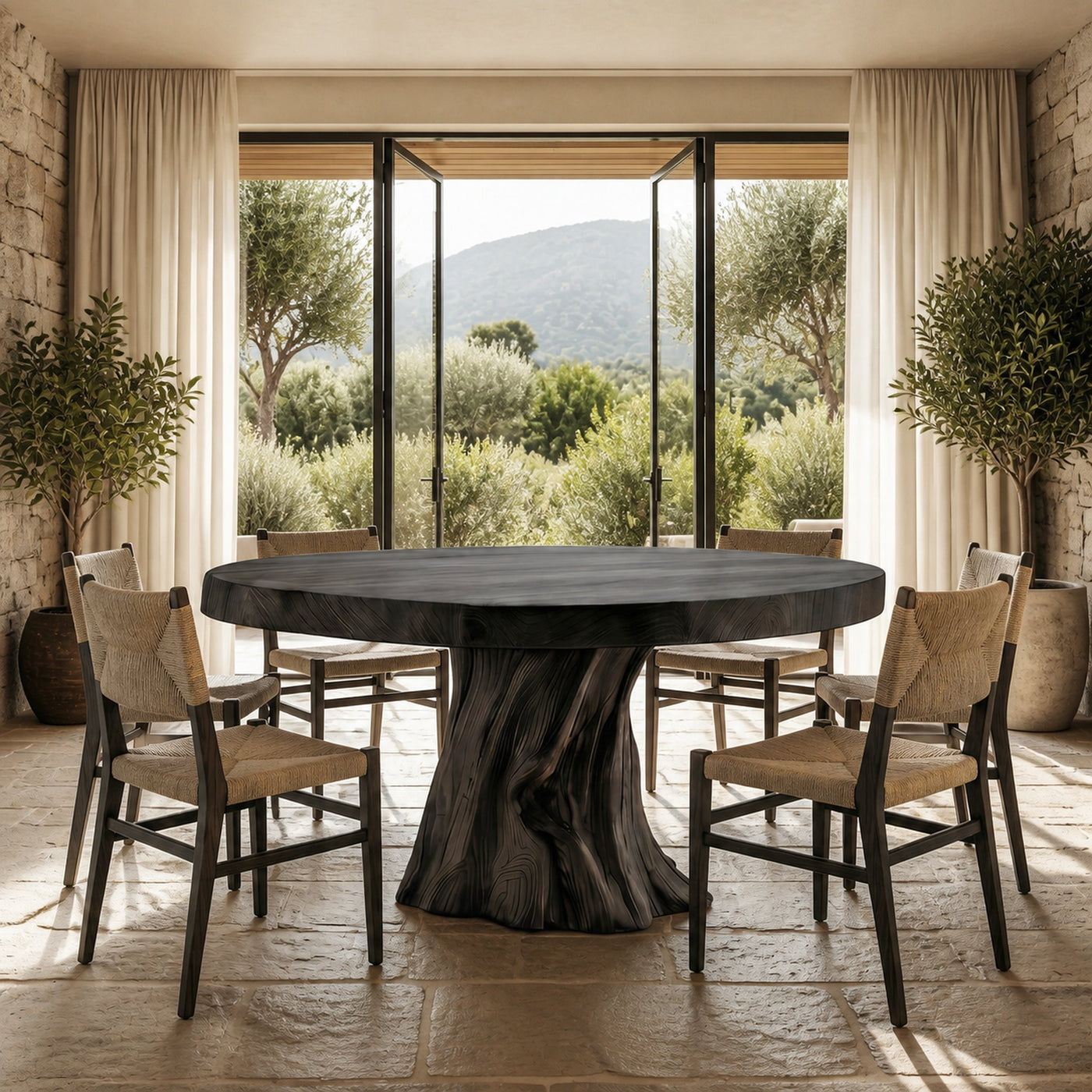 Rustic Modern Round Dining Table With Sculptural Wood Base For Dining Room - product view 4