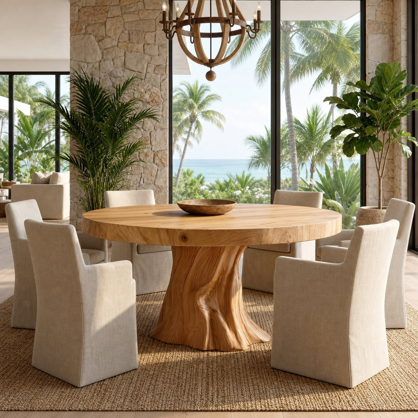 Rustic Modern Round Dining Table With Sculptural Wood Base For Dining Room - product view 5