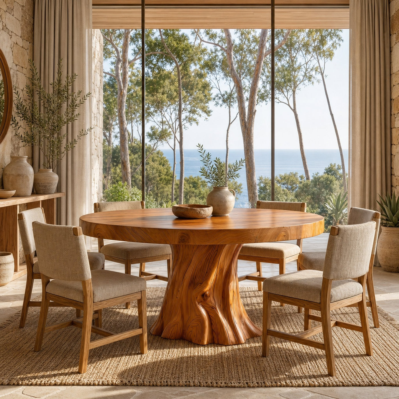 Rustic Modern Round Dining Table With Sculptural Wood Base For Dining Room - product view 6