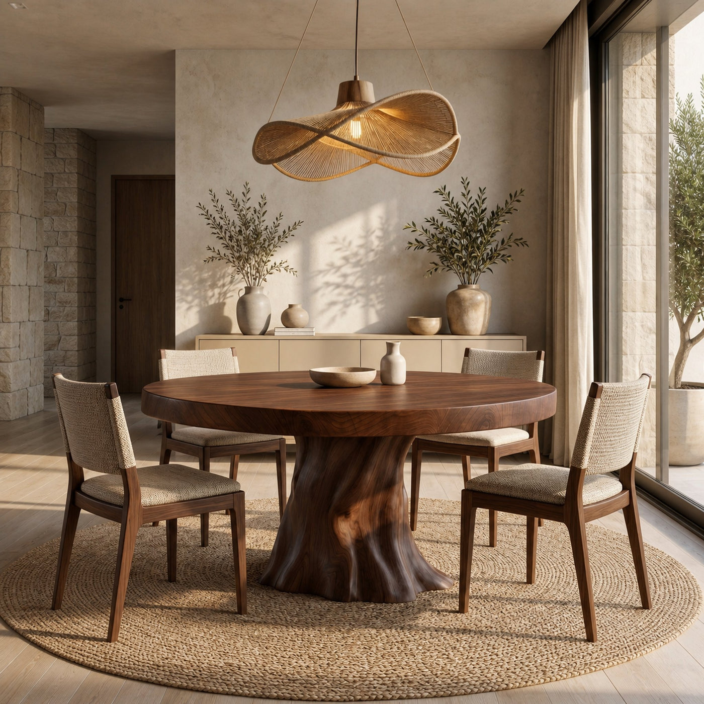 Rustic Modern Round Dining Table With Sculptural Wood Base For Dining Room - product view 7