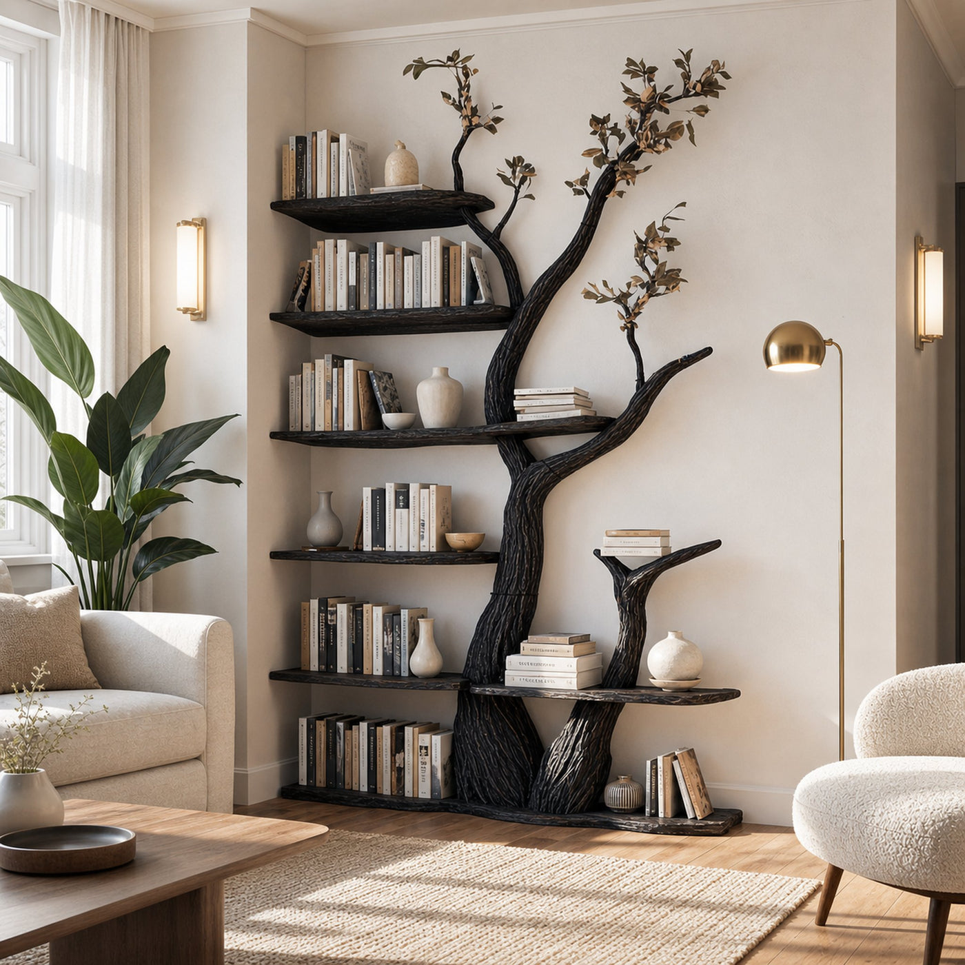 Rustic Modern Tree Bookshelf Living Room Interior Storage Decor
