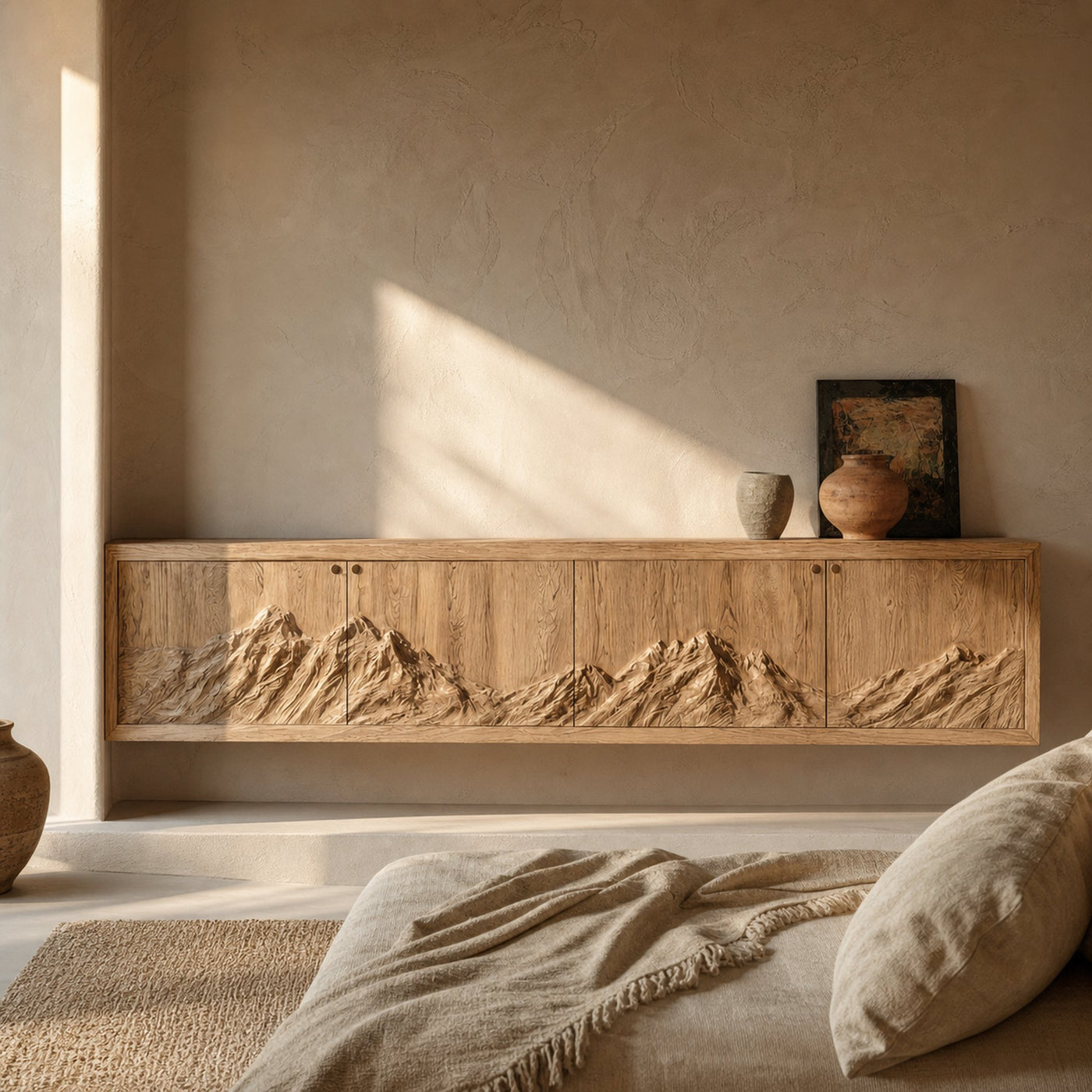 Rustic Mountain Carved Sideboard Console For Living Room