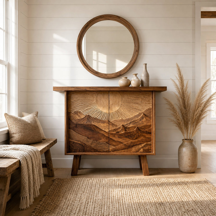 Rustic Mountain Carved Sideboard For Dining Room And Living Room