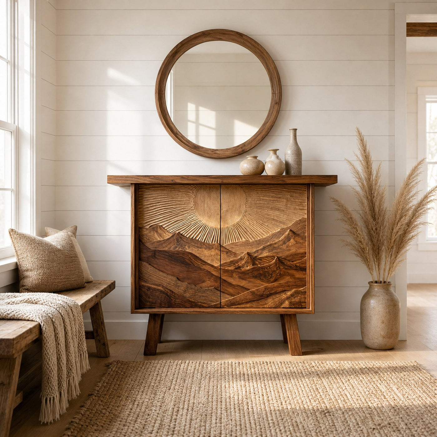 Rustic Mountain Carved Sideboard For Dining Room And Living Room