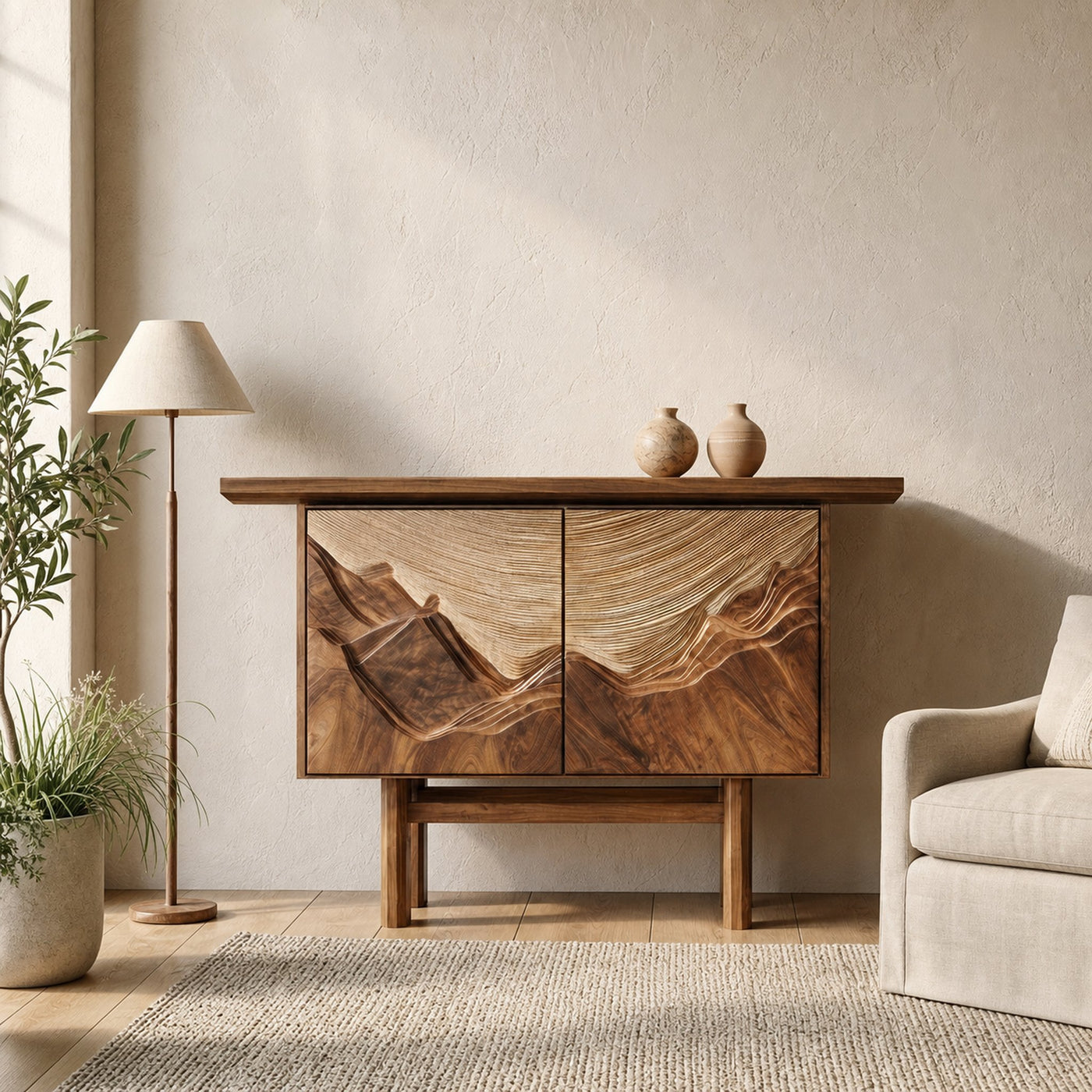 Rustic Mountain Carved Storage Cabinet For Living Room And Entryway