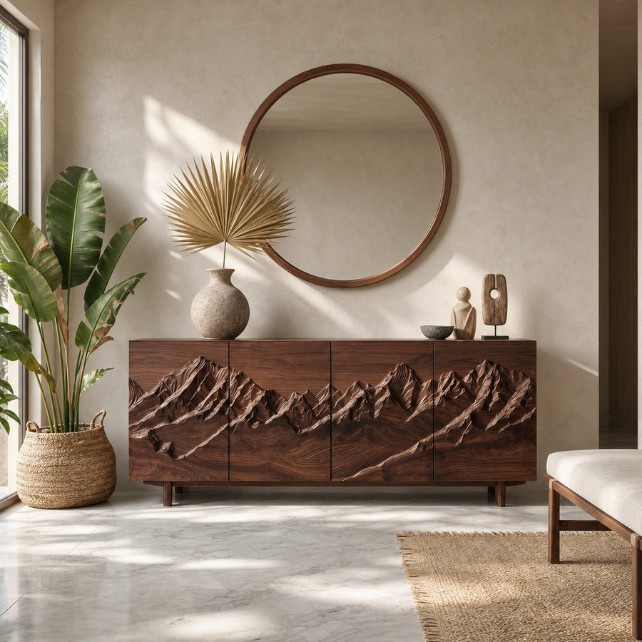 Rustic Mountain Landscape Sideboard With Carved Wood Doors For Living Room And Entryway
