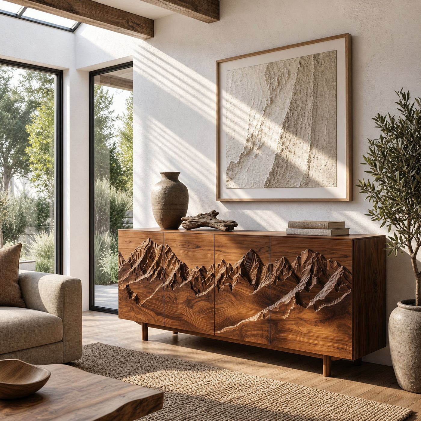 Rustic Mountain Landscape Sideboard With Carved Wood Doors For Living Room And Entryway - product view 6