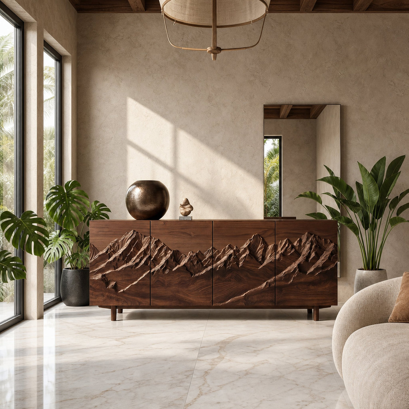 Rustic Mountain Landscape Sideboard With Carved Wood Doors For Living Room And Entryway - product view 7
