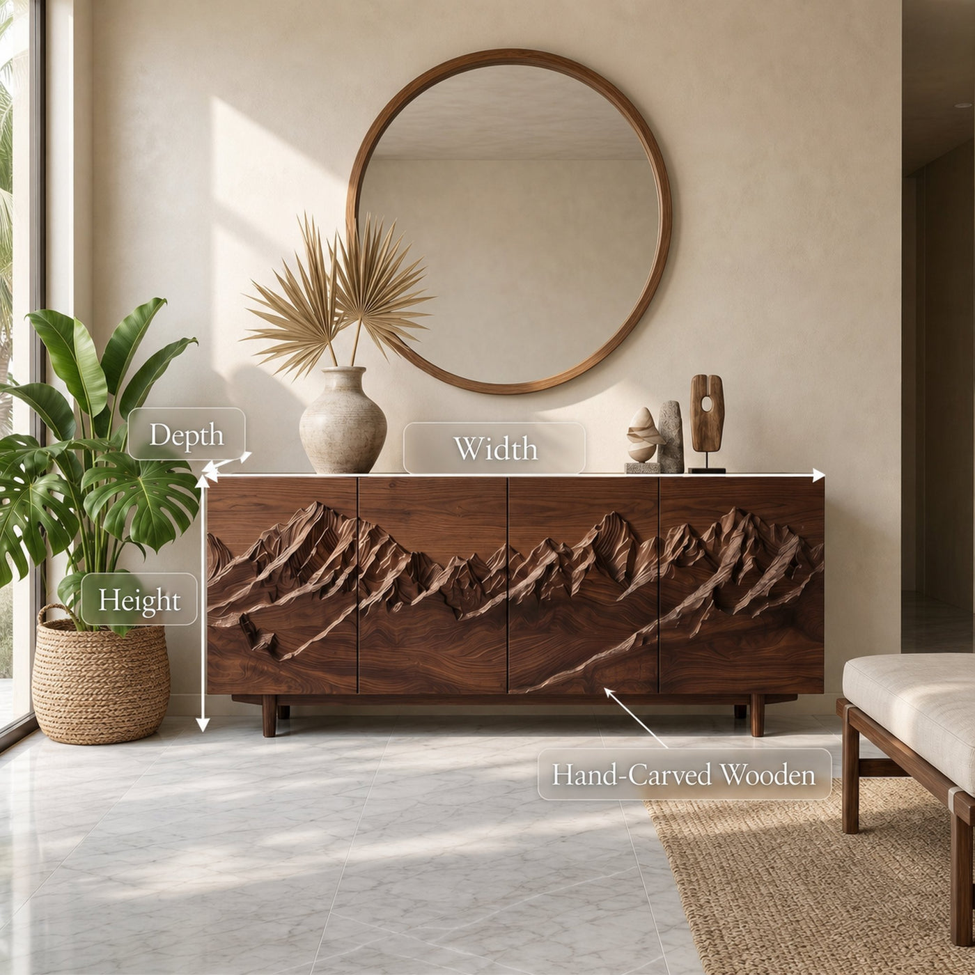 Rustic Mountain Landscape Sideboard With Carved Wood Doors For Living Room And Entryway - product view 8