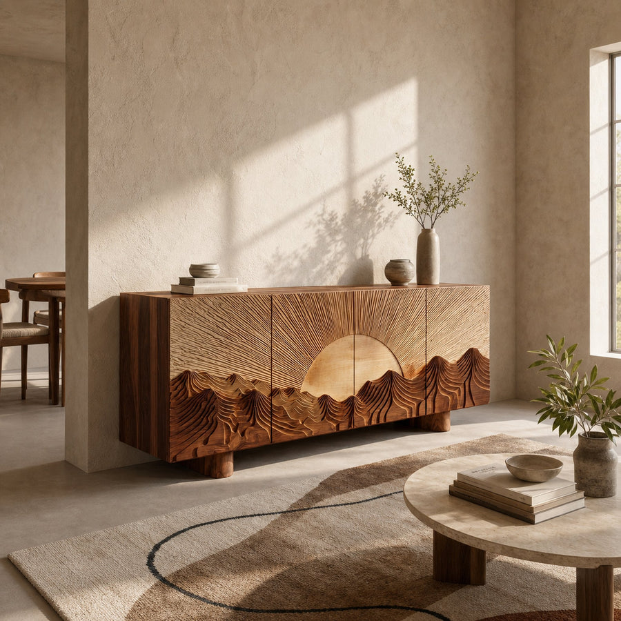 Rustic Mountain Sunrise Sideboard With Carved Wood Doors For Living Room