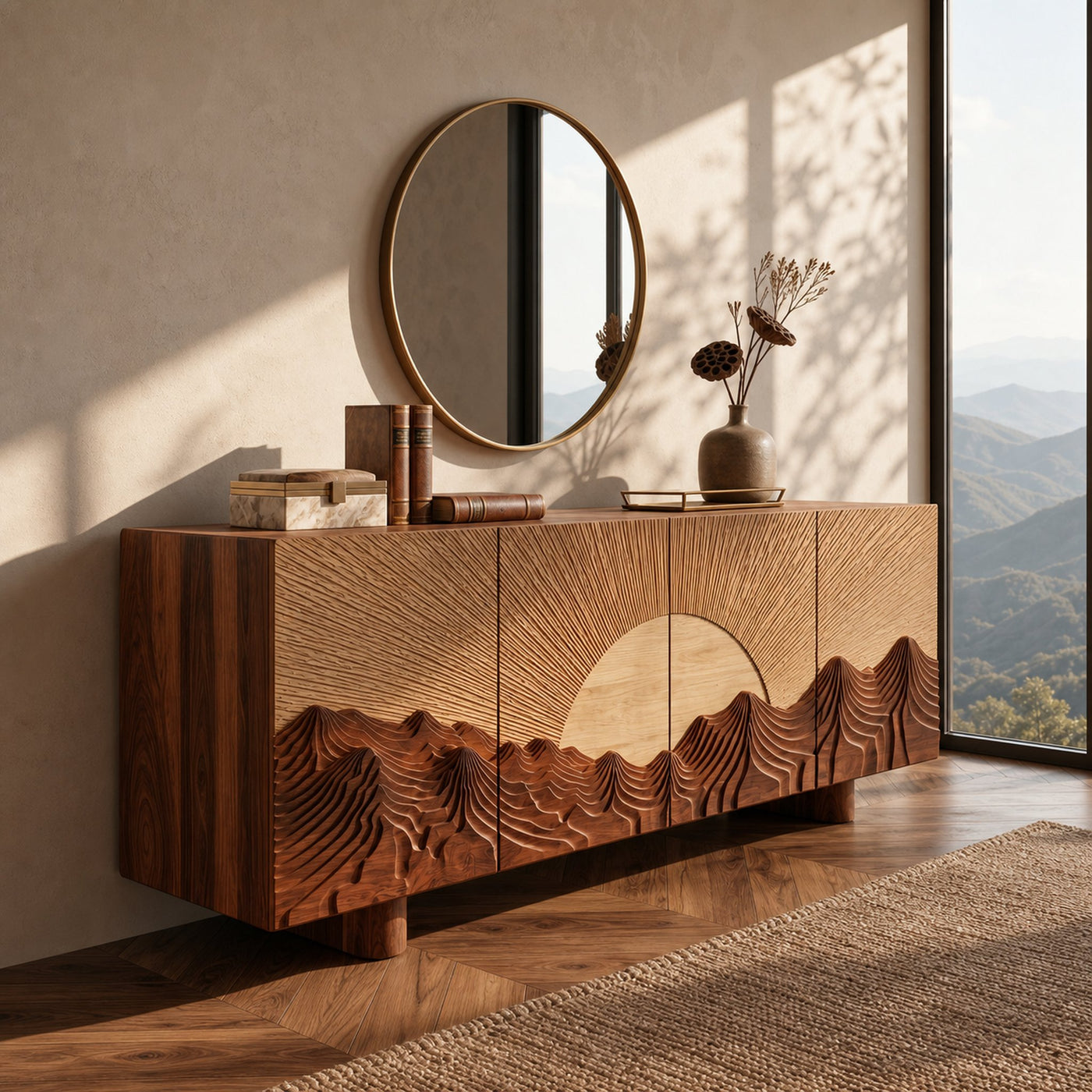 Rustic Mountain Sunrise Sideboard With Carved Wood Doors For Living Room - product view 6