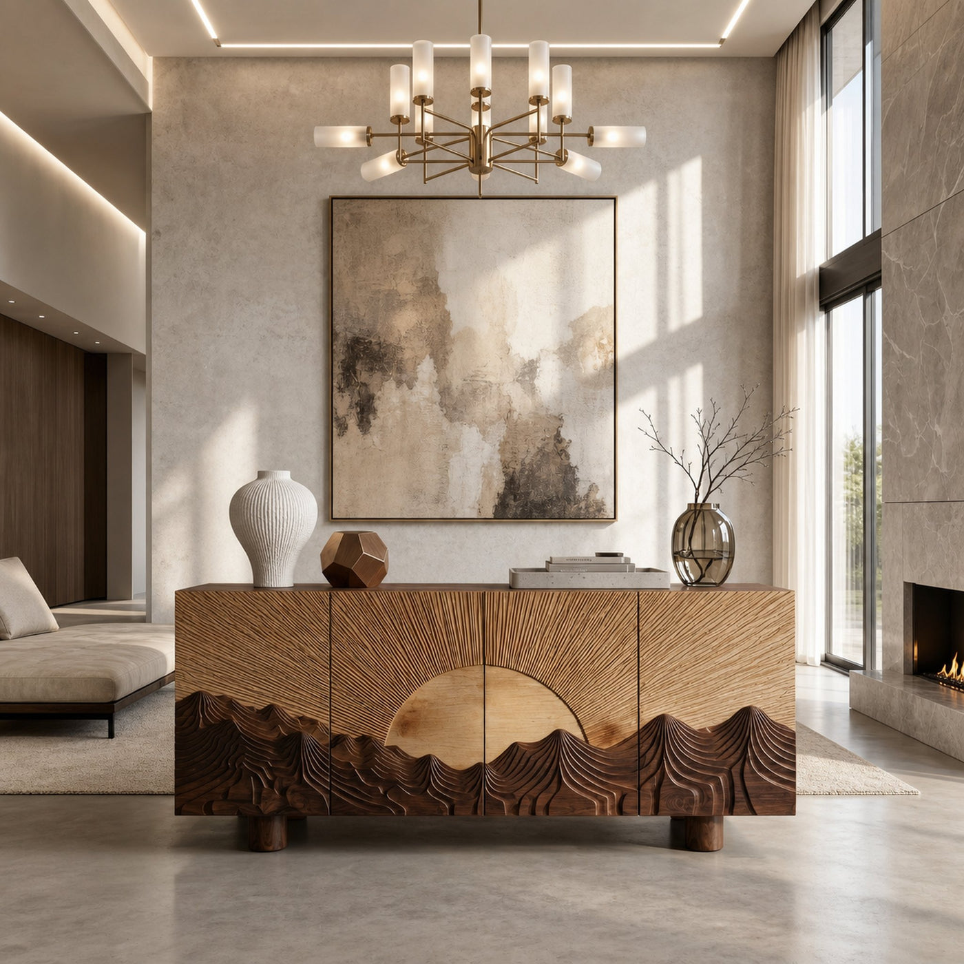 Rustic Mountain Sunrise Sideboard With Carved Wood Doors For Living Room - product view 7
