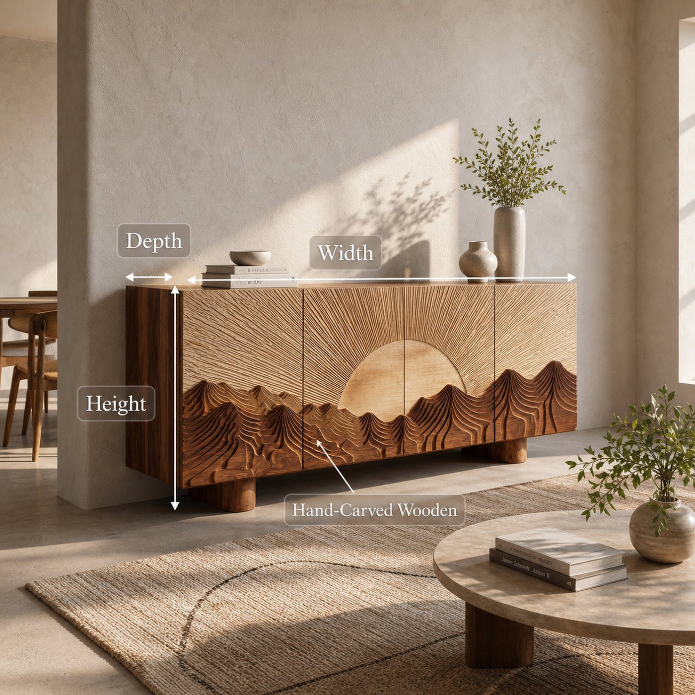 Rustic Mountain Sunrise Sideboard With Carved Wood Doors For Living Room - product view 8