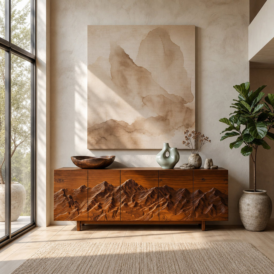 Rustic Mountain Sunrise Sideboard With Hand Carved Wood Doors For Living Room And Entryway