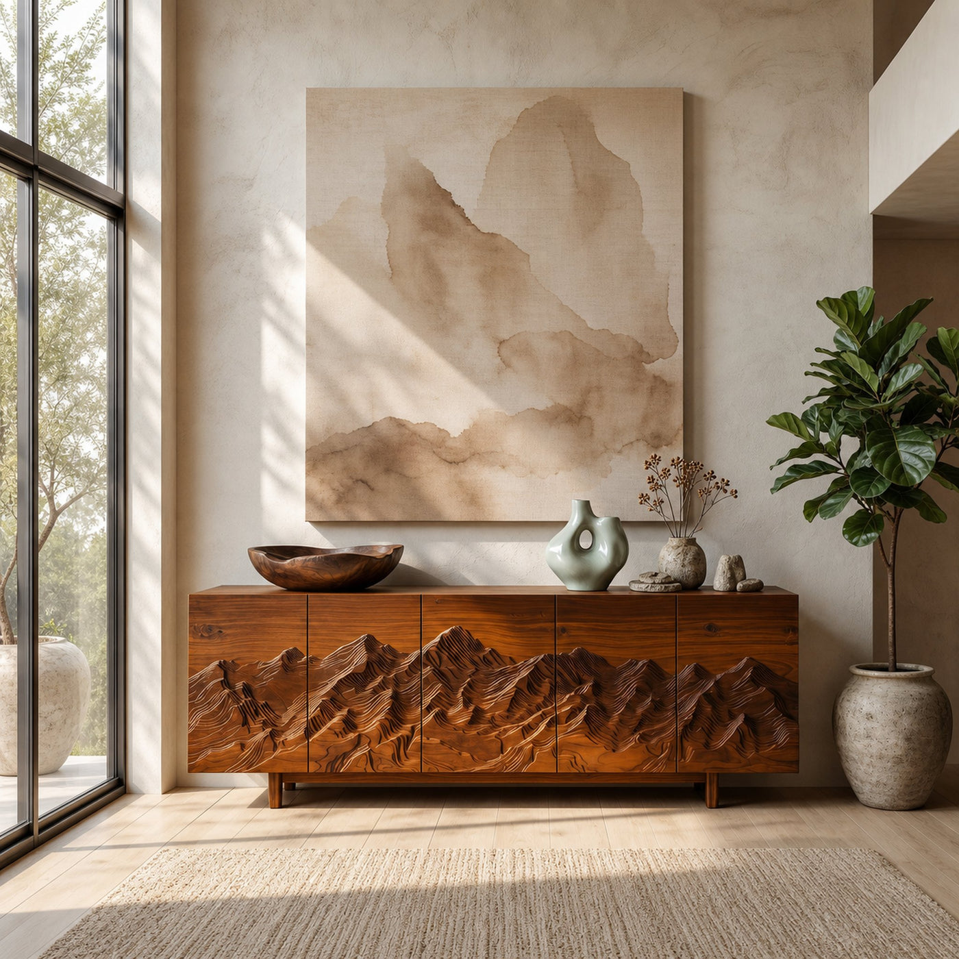 Rustic Mountain Sunrise Sideboard With Hand Carved Wood Doors For Living Room And Entryway
