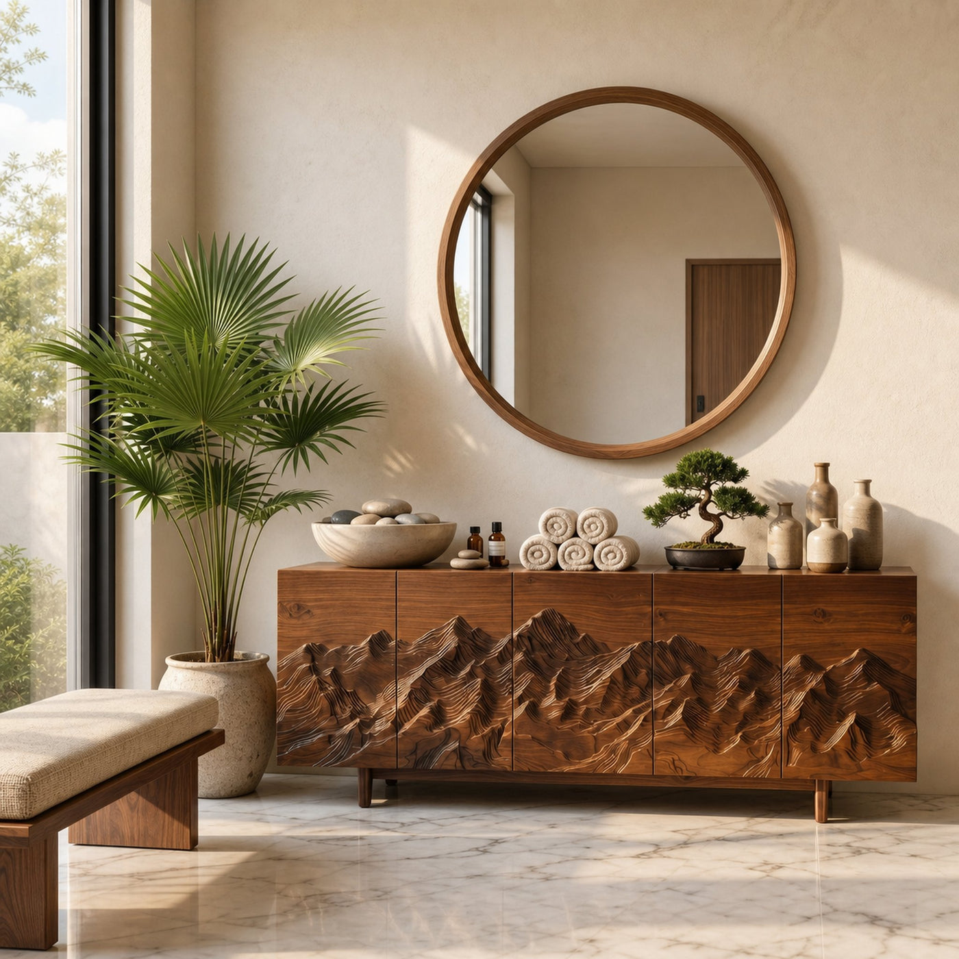 Rustic Mountain Sunrise Sideboard With Hand Carved Wood Doors For Living Room And Entryway - product view 6